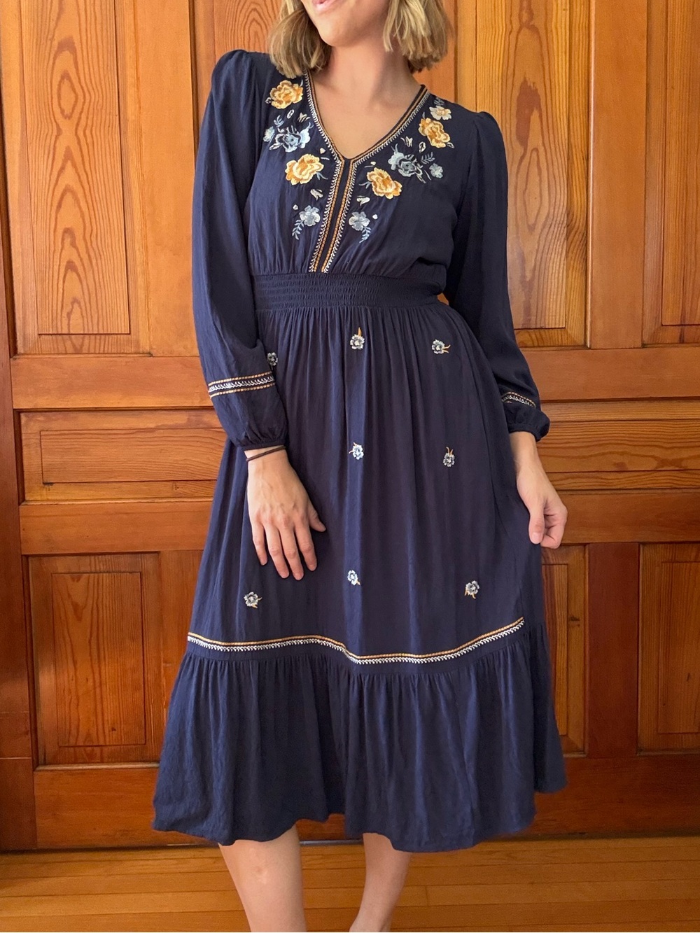 Bohemian Navy Floral Embroidered Midi Dress